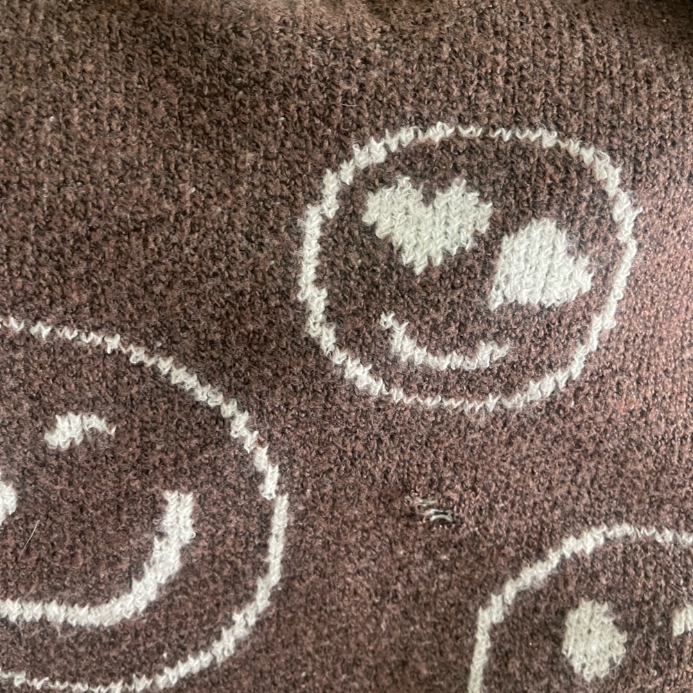 Brown Distressed Smiley Face Crop-Top Sweater - Picture 2 of 5